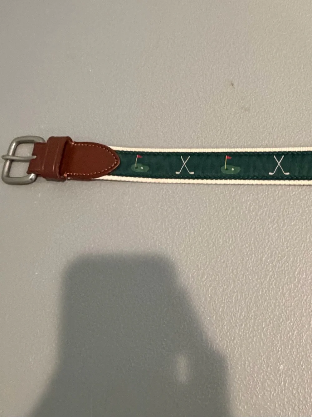 J.CREW Men's Golf Themed Belt Cotton & Leather Sz 40 Green Brown Leather/Cotton